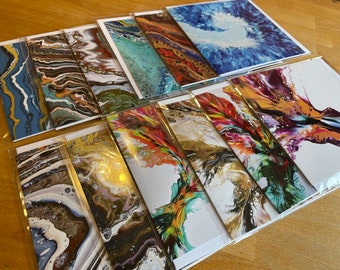 Greeting cards, acrylic pour variety pack of 12 abstracts, Dutch Pours and more fluid art by Felicity Osborne of Flowbyflo, blank inside.