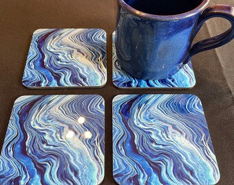 Coaster set of 4 melamine fluid art design, easy clean, gift boxed, acrylic pour original art by Felicity Osborne