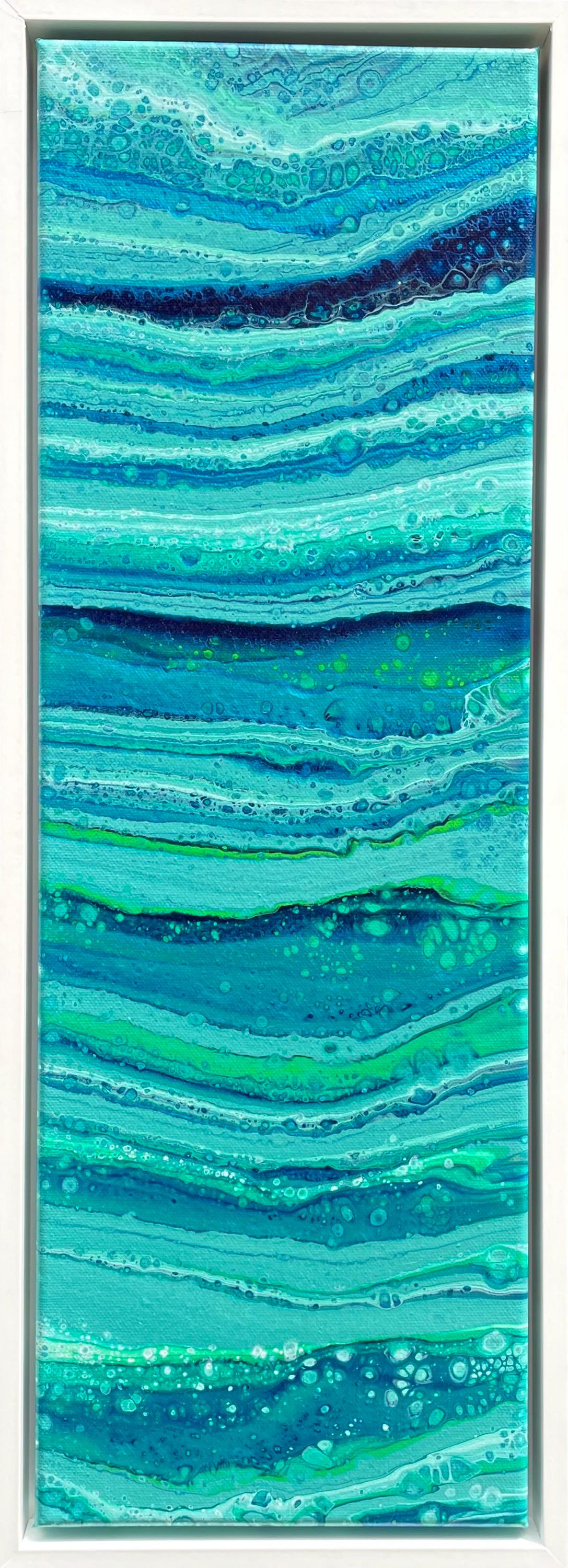 オリジナル抽象アクリル画：虹色の青と緑、額入りキャンバスアート