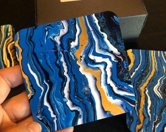 Acrylic Pouring Art coasters, set of 4 boxed, unique abstract fluid art design by Felicity Osborne, teal and gold, ideal housewarming gift.