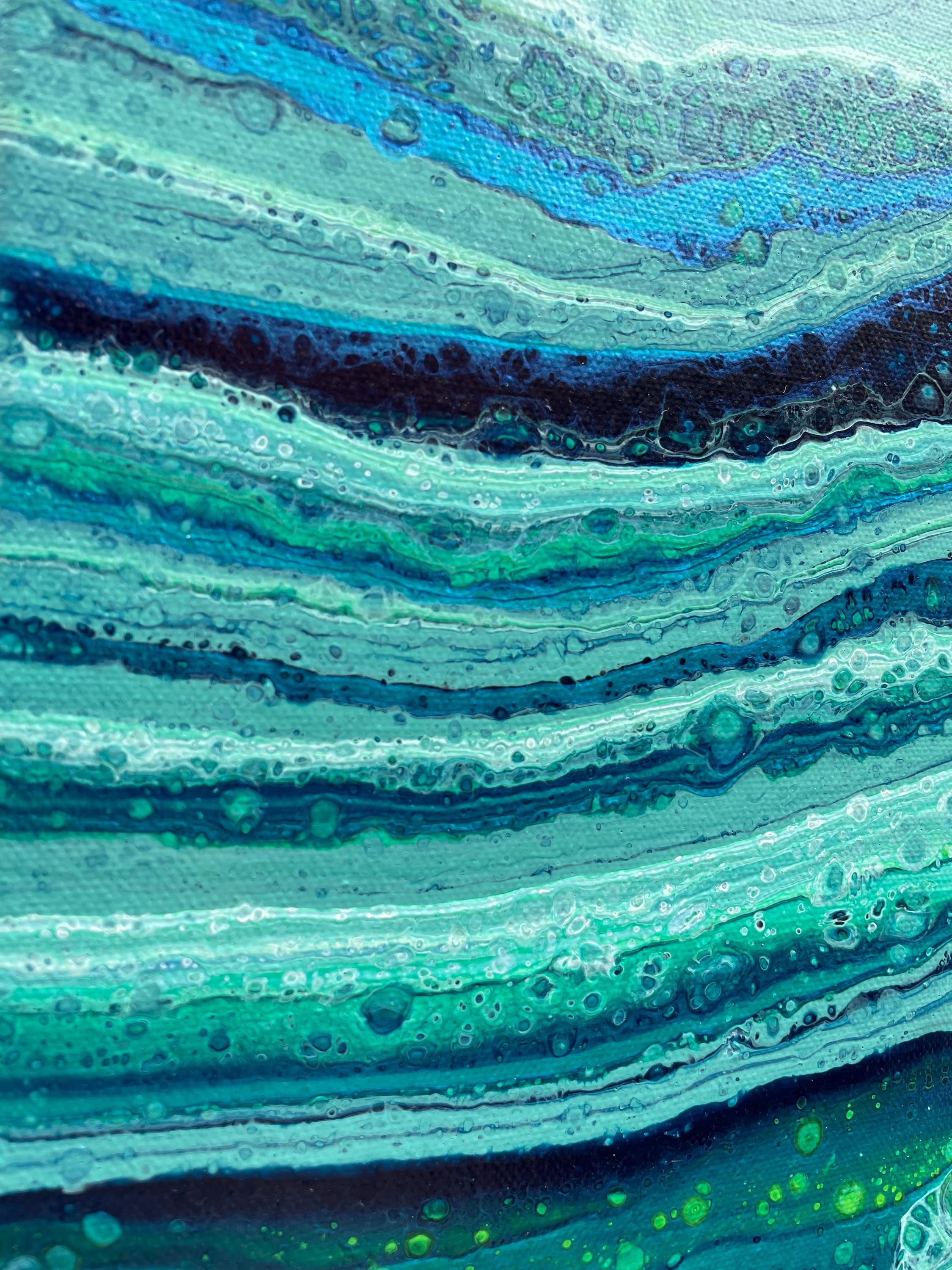 オリジナル抽象アクリル画：虹色の青と緑、額入りキャンバスアート