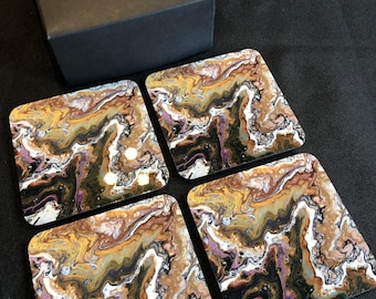 Coasters set of 4, Acrylic Pour Art Design by Felicity Osborne, beer mat, coffee coaster, unique gift for him, housewarming gift, fluid art.