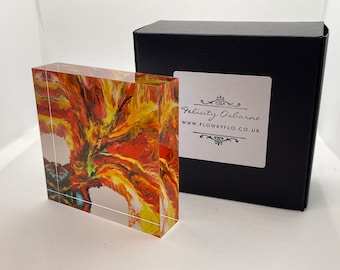 Paperweight, acrylic block with unique acrylic pour, fluid art print by Felicity Osborne of Flowbyflo