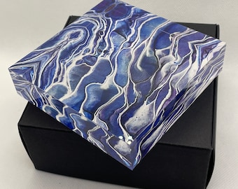 Paperweight, acrylic block with unique acrylic pour, fluid art print by Felicity Osborne of Flowbyflo