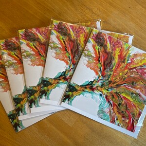 Tarjetas de felicitación de vertido acrílico, paquete de cinco diseños fluidos de arte holandés de Felicity Osborne. Interior en blanco, 6 x 6'', incluye sobres.