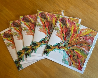 Acrylic Pour Greetings Cards, pack of five fluid art Dutch Pour design by Felicity Osborne. Blank inside, 6 x 6'',  includes envelopes.