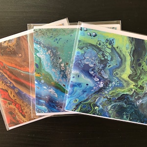 Biglietti d'auguri in acrilico Pour, collezione "Galaxy Pour". Set di tre biglietti con stampa artistica vuoti creati da opere d'arte originali di Felicity Osborne