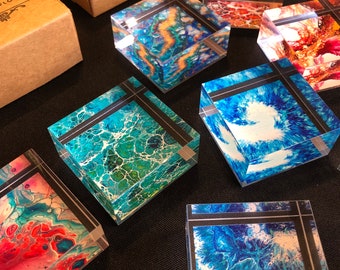 Paperweight, desk accessory, acrylic pour block ornament, artwork by Felicity Osborne of Flowbyflo, office gift.