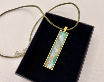Pendant aqua and gold necklace acrylic pour fluid art. Unique. Valentine's gift, Mother's Day gift, birthday gift, gift for her. Gift boxed.