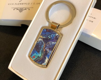 Metal keyring / keychain with fluid art acrylic pour painting design by Felicity Osborne, gift boxed.