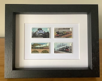 Flying Scotsman Royal Mail stamps, steam train gift, handmade framed train art, train enthusiast gift, Father’s Day gift, trainspotter gift