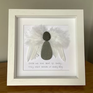 Angel pebble art frame, memorial gift, angel wings art, remembrance art, in sympathy pebble art, in memory of art,