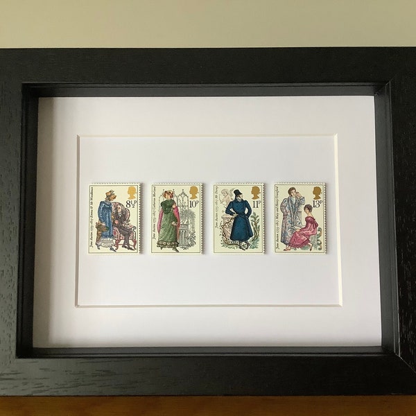 Jane Austen encadrée de véritables timbres Royal Mail, Orgueil et préjugés, cadeau pour les fans de littérature anglaise, cadeau pour elle, M. Darcy, cadeau pour les amateurs de livres