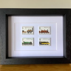 Railway engine Royal Mail stamps, steam train gift, framed train stamps, train enthusiast gift, Father’s Day gift, trainspotter gift