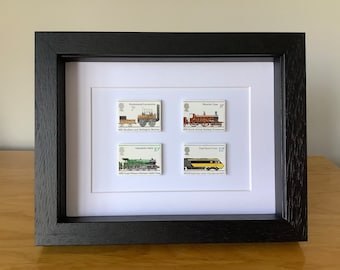 Railway engine Royal Mail stamps, steam train gift, framed train stamps, train enthusiast gift, Father’s Day gift, trainspotter gift