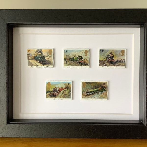 Railway engine Royal Mail stamps, train enthusiast gift, framed stamps, steam railway fan, Flying Scotsman, 1985