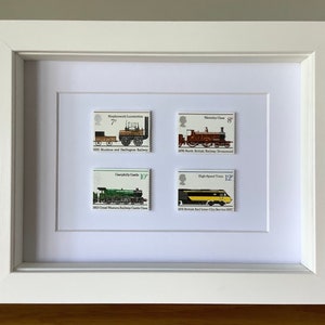 Railway engine Royal Mail stamps, train enthusiasts, framed stamps, train enthusiast gift, steam railway fan, Fathers Day gift, trainspotter