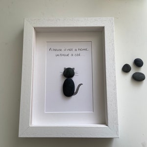 Framed cat pebble art, cat lover gift, animal pebble art, gift for her, housewarming gift, personalised gift, minimalist wall art