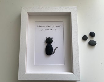 Framed cat pebble art, cat lover gift, animal pebble art, gift for her, housewarming gift, personalised gift, minimalist wall art