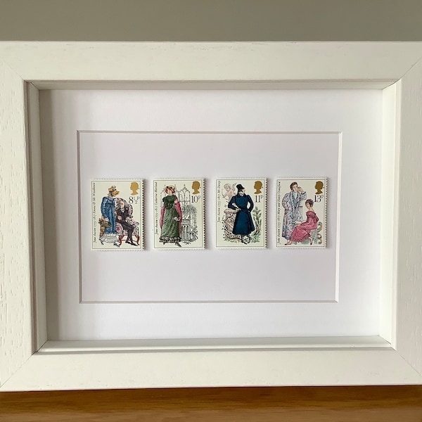 Fait main Jane Austen encadrée de véritables timbres, Orgueil et préjugés, cadeau de fan de littérature, cadeau pour elle, cadeau d'amoureux des livres, cadeau de Noël