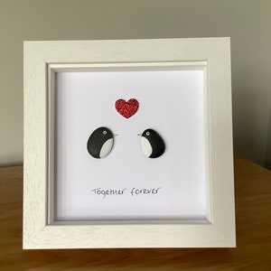 Penguin pebble art frame, wedding gift, anniversary gift, love you, gift for her, gift for him, anniversary gift, penguin art, love art