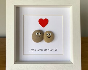 You rock my world pebble picture, anniversary gift, gift for wife, gift for husband, quirky gift, love you gift, handmade valentines gift