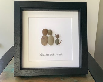 Pebble art, You me and the cat frame, gifts for cat lover, birthday gift, new home gift, pebble art, pebble family picture, anniversary gift