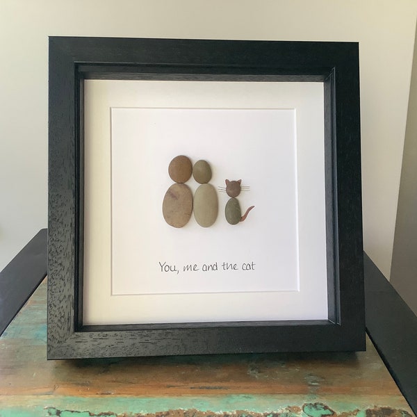 Pebble art, You, me and the cat frame, gifts for cat lovers, birthday gift, new home, pebble art, pebble family picture, anniversary gift