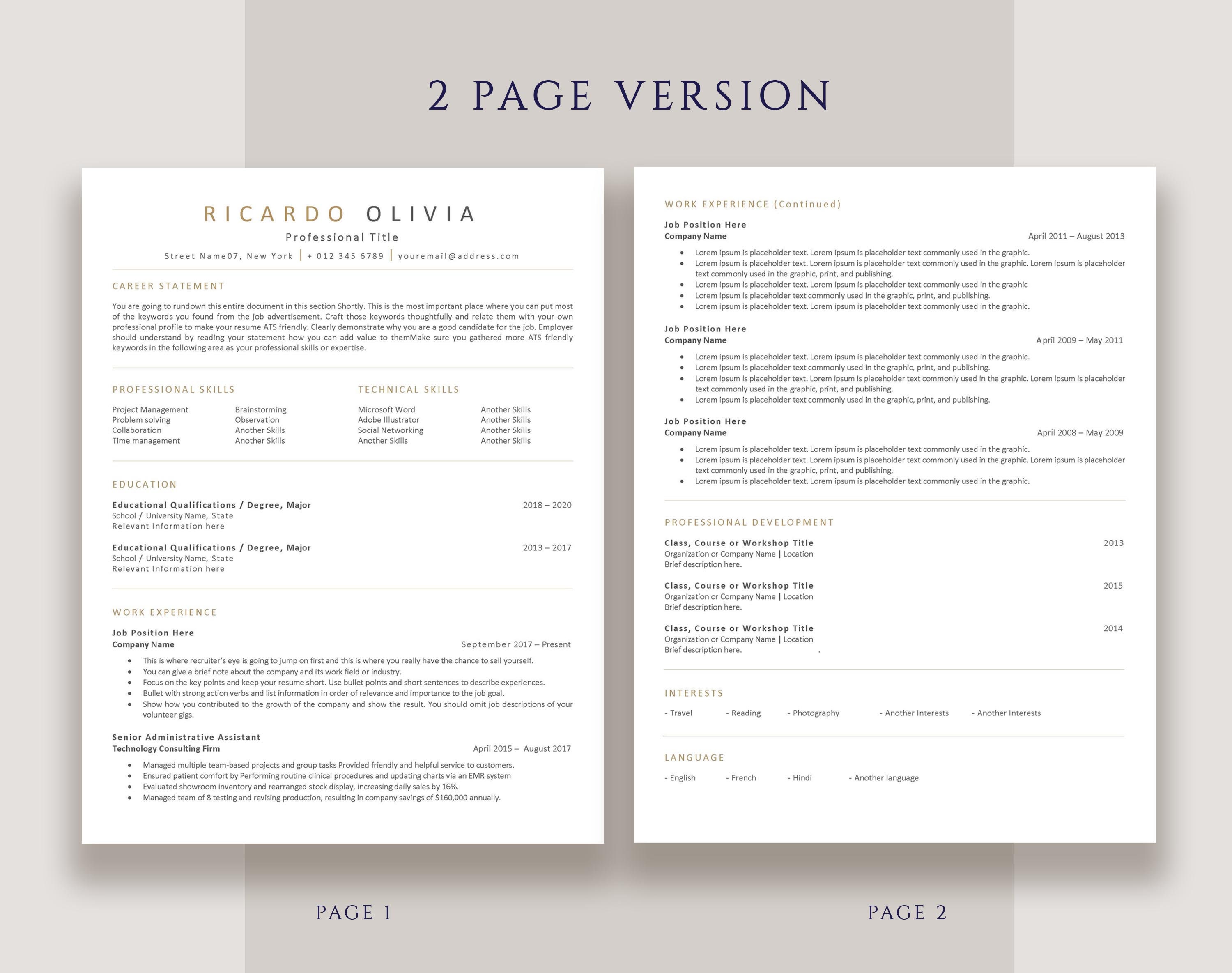 ATS Resume Template, Modern CV Template, Curriculum Vitae Template Word