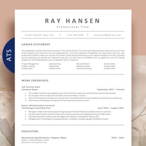Op de afbeelding: Een professioneel cv-sjabloon met een strakke witte lay-out en zwarte tekst. Het document bevat secties voor een carrièreverklaring, werkervaring en opleiding, met een blauw rond tabblad aan de linkerkant met het label ATS.