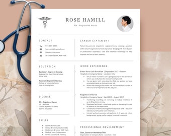 May include: A white resume template for a registered nurse featuring a medical caduceus symbol, a circular headshot placeholder, and sections for contact, career statement, education, work experience, license, skills, and professional development.