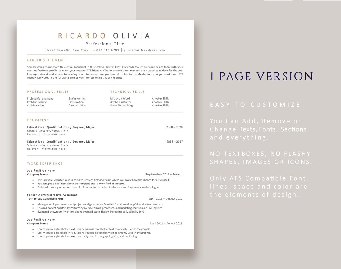 ATS Resume Template, Modern CV Template, Curriculum Vitae Template Word