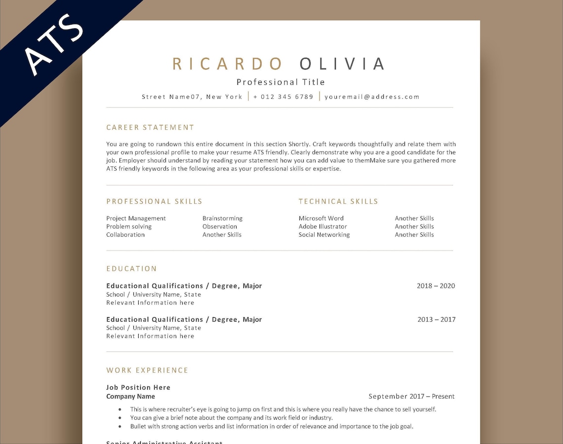 ATS Resume Template, Modern CV Template, Curriculum Vitae Template Word