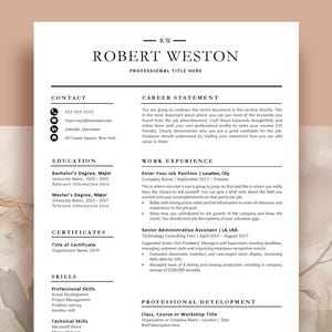 May include: A professional resume template featuring a clean, two-column layout with black text on a white background. The header displays the name Robert Weston, followed by sections for contact, education, certificates, skills, career statement, and work experience.