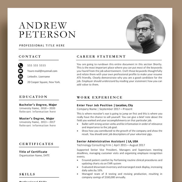 Minimalist Clean Professional Resume Template for Marketing Executive, CTO, C-level Manager, Word and Pages CV template, Curriculum vitae