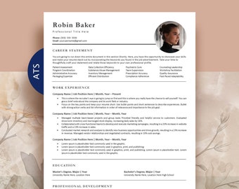 May include: A professional resume template featuring a clean white layout with black text, a circular headshot placeholder, and sections for career statement, work experience, and education. A blue circular tag with the text ATS is visible.