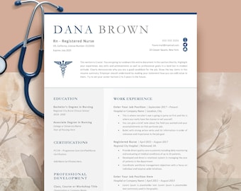 Puede incluir: Una plantilla de currículum profesional para un enfermero o enfermera llamado Dana Brown, con un estetoscopio azul oscuro a la izquierda. El documento incluye secciones de educación, experiencia laboral y certificaciones profesionales.