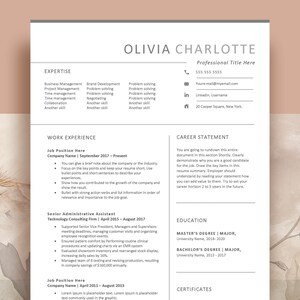 May include: A professional CV template featuring a clean, two-column layout with black text on a white background. The document includes sections for expertise, work experience, career statement, education, and certificates with placeholder text.