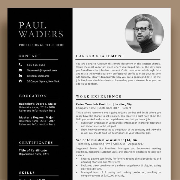 Modern Resume Template Marketing, CV Resume Template Word Pages, Professional Curriculum Vita, Business Resume Men, Financial Banking, CEO