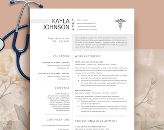 May include: A white resume template for a Registered Nurse named Kayla Johnson, featuring a dark blue stethoscope on the left. The document includes sections for education, work experience, expertise, and certifications with a medical caduceus icon.