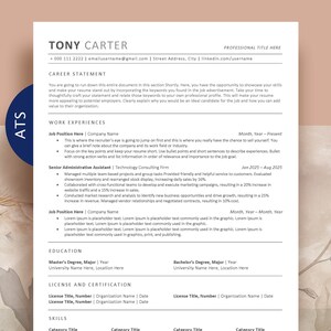 May include: A professional CV template document featuring a clean white layout with black text. The document includes sections for contact information, career statement, work experience, education, license and certification, and skills.