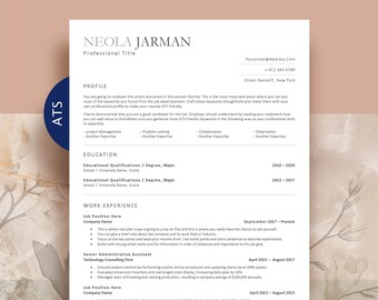 May include: A professional resume template featuring a clean white layout with black text. The document includes sections for profile, education, and work experience, with a blue circular badge labeled ATS in the upper left corner.
