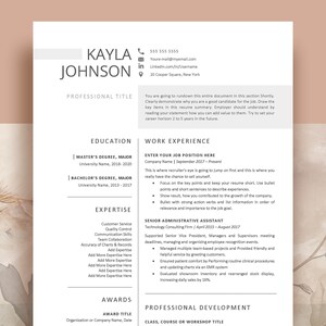 May include: A professional resume template featuring a clean white layout with black text. The document includes sections for contact information, professional title, education, work experience, expertise, awards, and professional development.