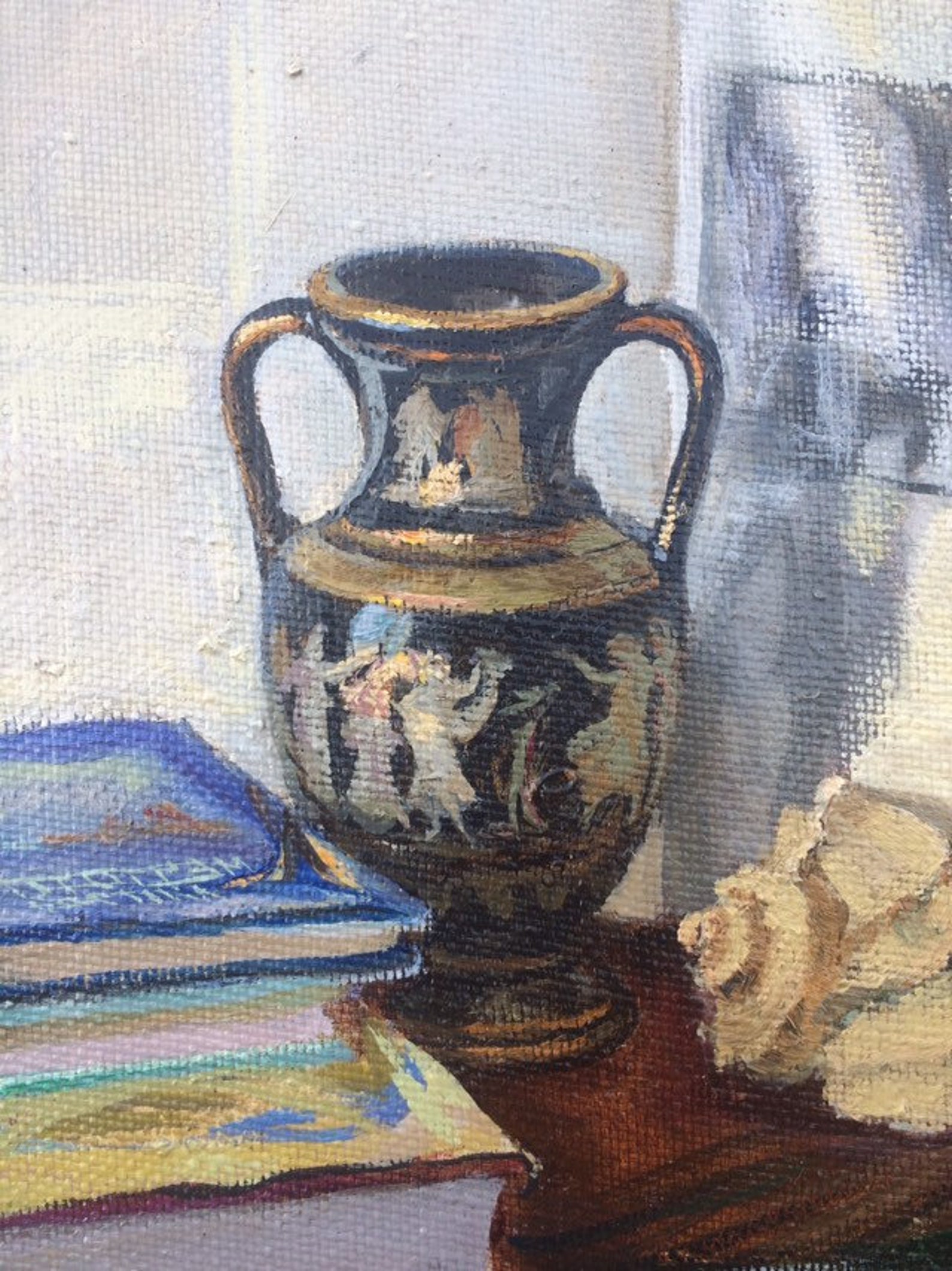 Still life with a Greek vase books shell and peacock Etsy