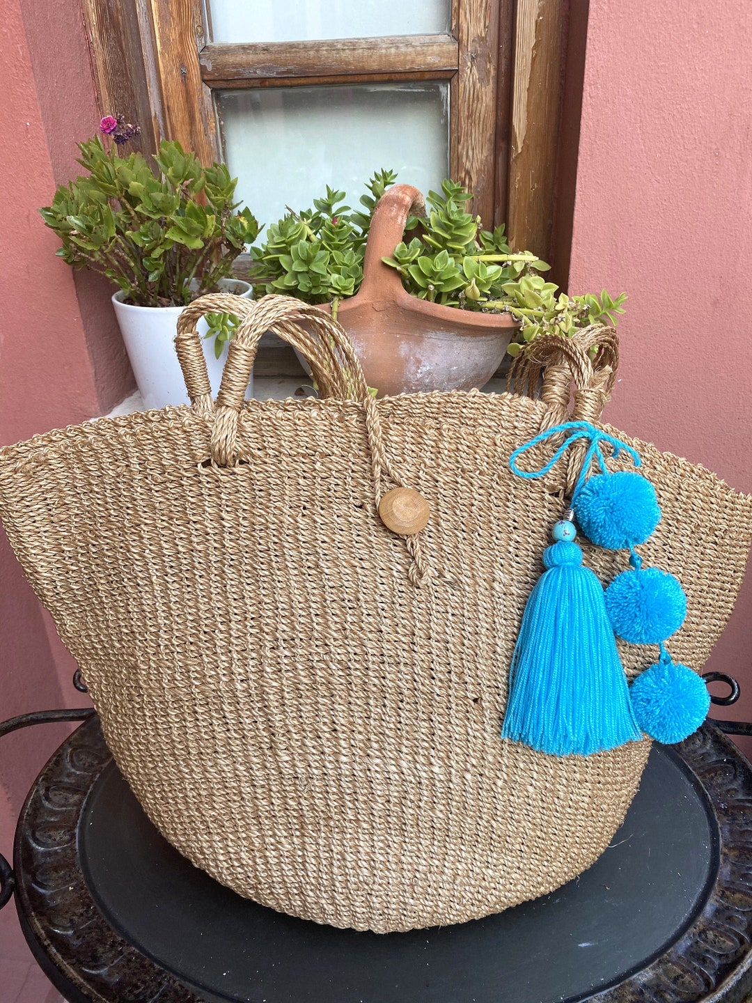 Blue Straw Bag Tassel Pom Pom Bag Charm Boho Bag Tassel Etsy