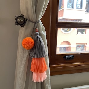 Orange Boho Decor, Door Tassel, Pompom Tassel Decor, Curtain Holder, Curtain Tie Back, Door Knob Hanging, Girls Room Decor, Bag Tassel