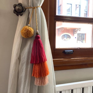 Terra Cota Boho Decor, Curtain Holder, Curtain Tie Back, Boho Door Decor, Door Tassel, Three Color Bag Charm, Straw Bag Charm