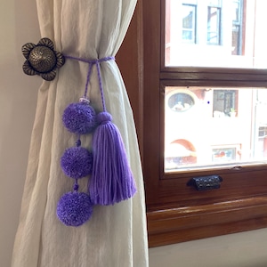 Purple Pompom Tassel Curtain Tie Back: Boho Nursery Decor