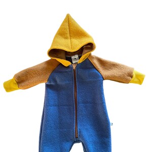Wool boiled overall suit color block blue mustard ocher 80