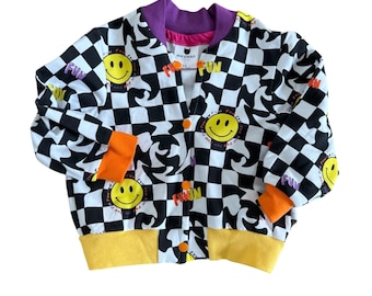 Chaqueta universitaria, sudadera con estampado de cara sonriente a cuadros